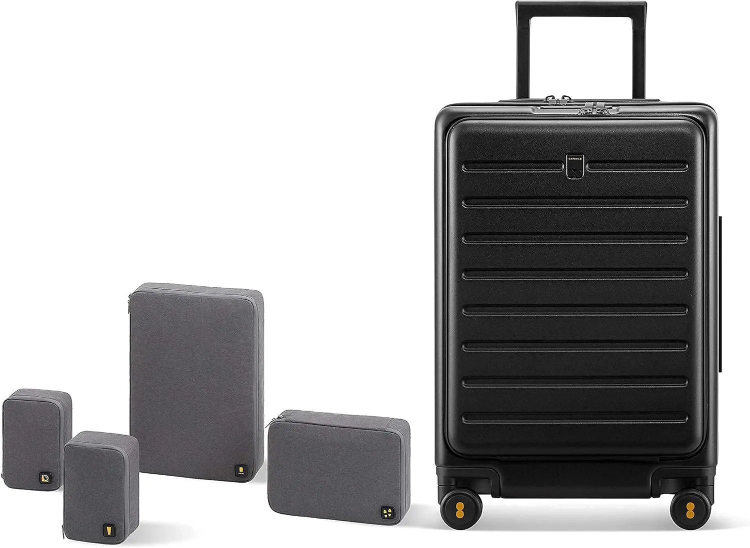 LEVEL8 Road Runner 20" Carry-On Luggage with Front Pocket plus 4 PC Organizer Packing Cubes - Black, 20-Inch Carry-On