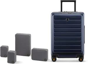 LEVEL8 Road Runner 20" Carry-On Luggage with Front Pocket plus 4 PC Organizer Packing Cubes - Navy Blue, 20-Inch Carry-On