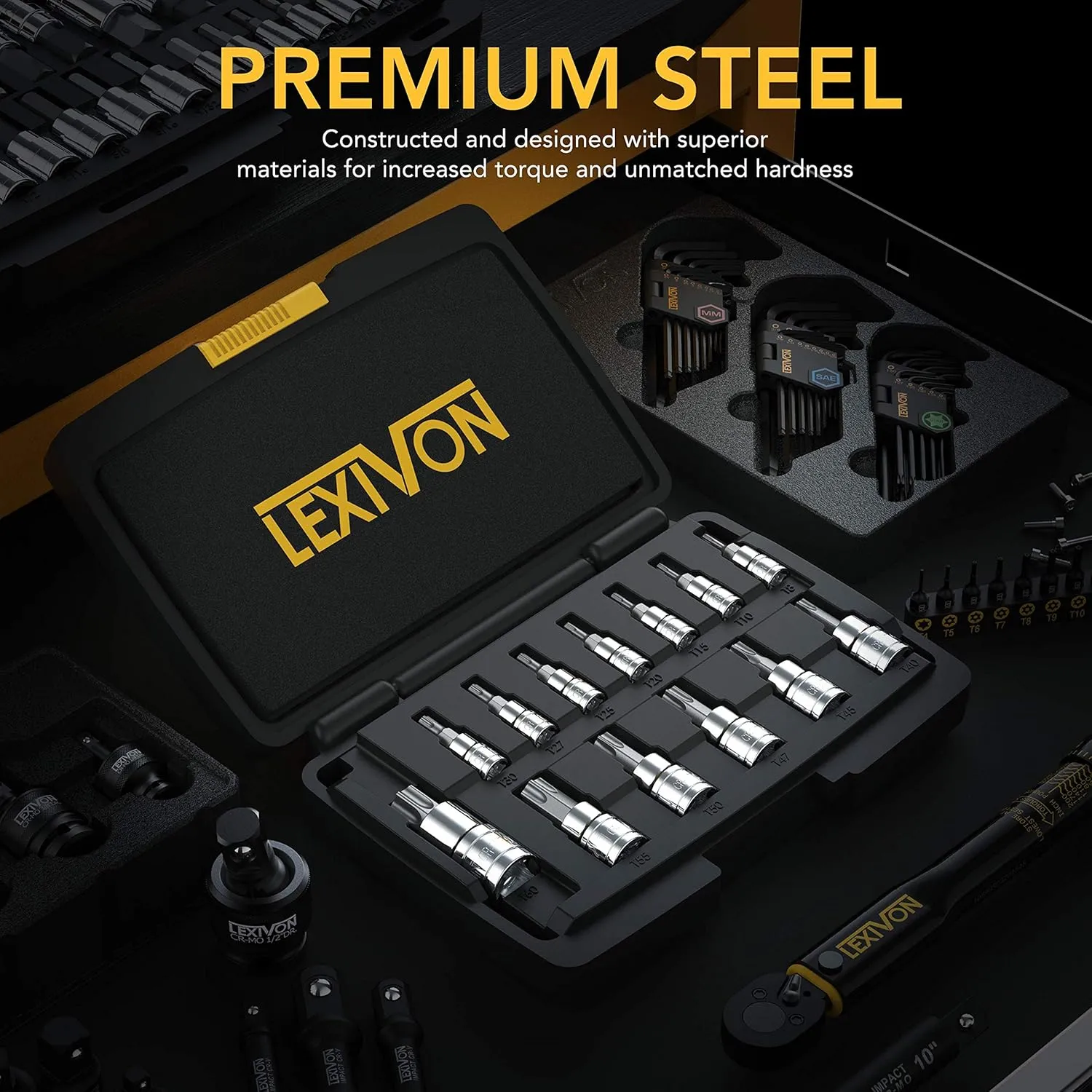 LEXIVON Torx Bit Socket Set, Premium S2 Alloy Steel | 13-Piece Star T8 - T60 Set | Enhanced Storage Case (LX-143)