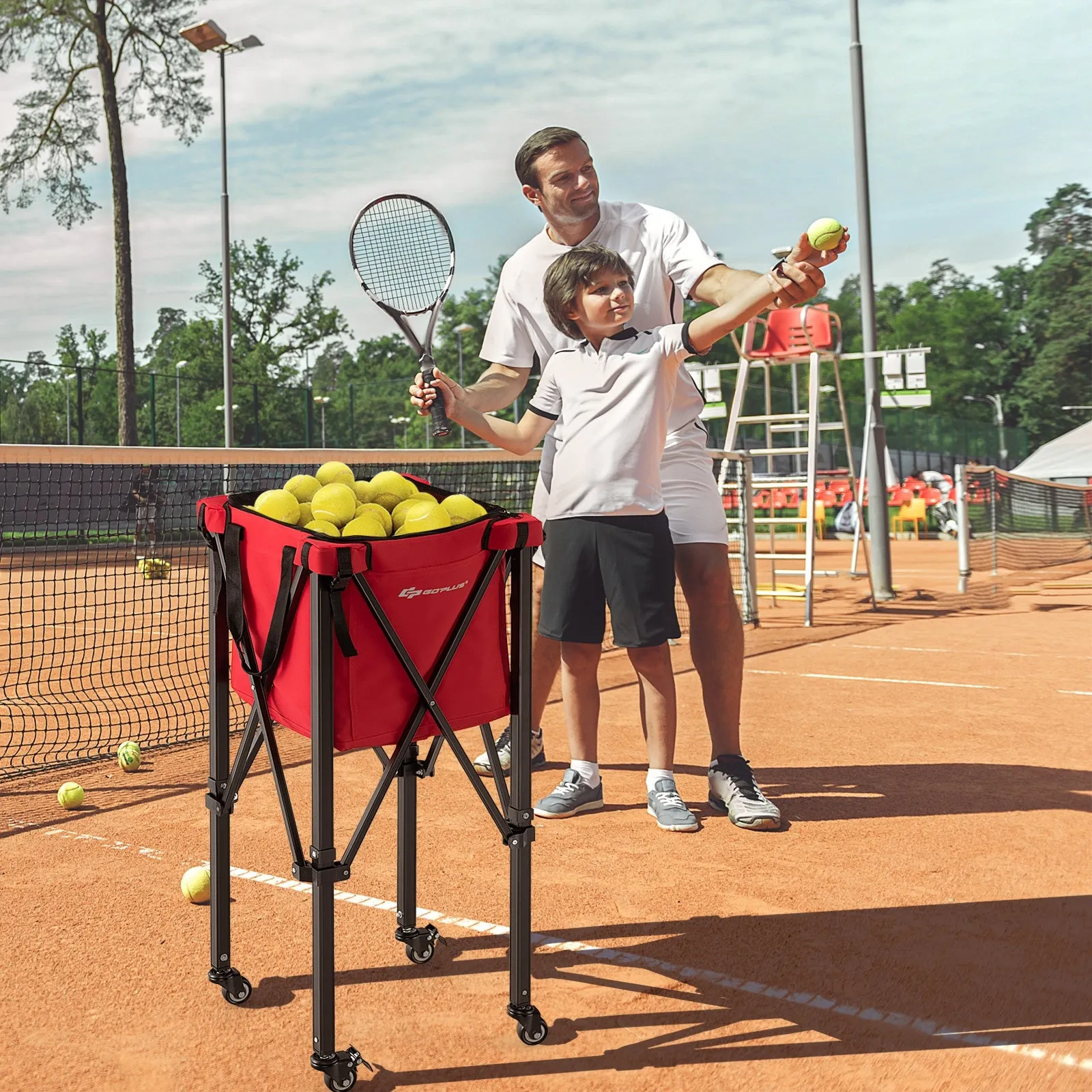 Lightweight Foldable Tennis Ball Teaching Cart with Wheels and Removable Bag-Red