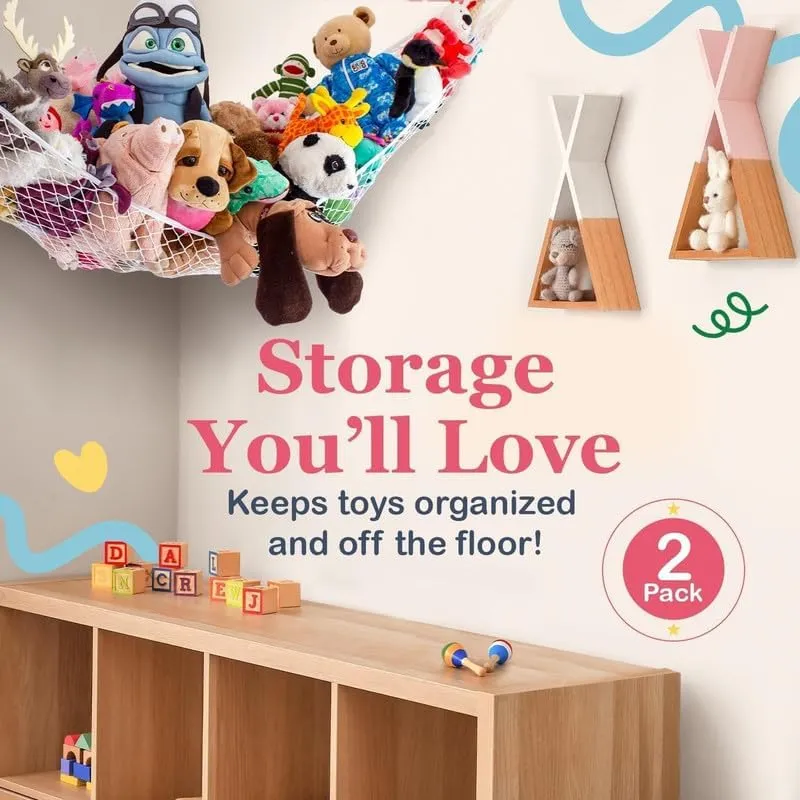 Lilly's Love Stuffed Animal Storage Hammock - Extra Large 2 Pack, Corner Hanging Stuffed Animal Net Organizer - Stuffed Animals Toy Storage - Cute Plushie Stuff Animal Holder (Grey)