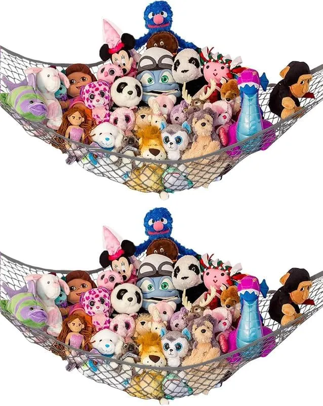 Lilly's Love Stuffed Animal Storage Hammock - Extra Large 2 Pack, Corner Hanging Stuffed Animal Net Organizer - Stuffed Animals Toy Storage - Cute Plushie Stuff Animal Holder (Grey)