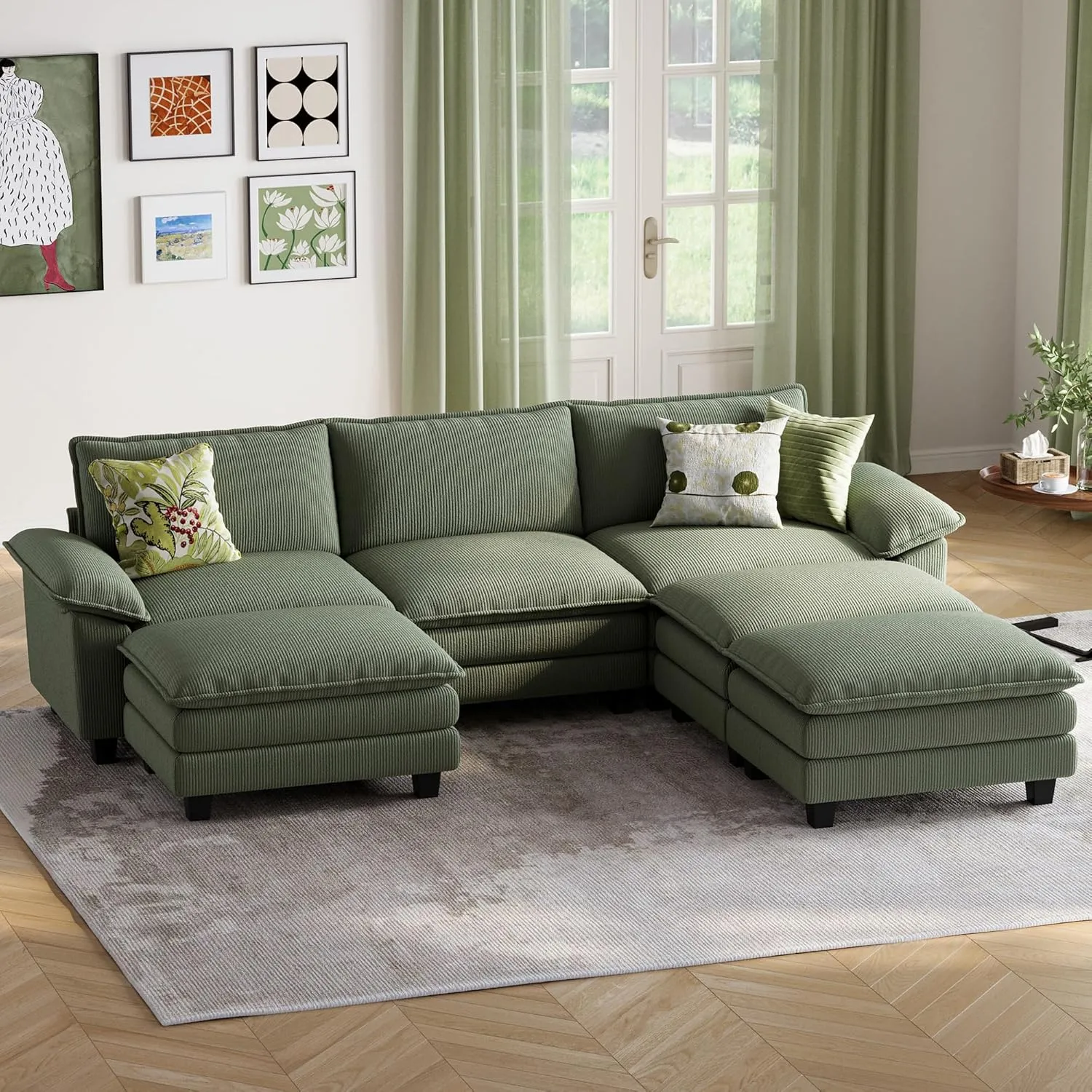 LINSY HOME Sectional Sleeper Sofa - 123'' Modular Cloud Couch Oversized Corduroy Sofa Bed with Movable Ottoman Soft Modern Comfy Couch for Living Room Apartment Office (Green, 3-Seat & 3-Ottoman)