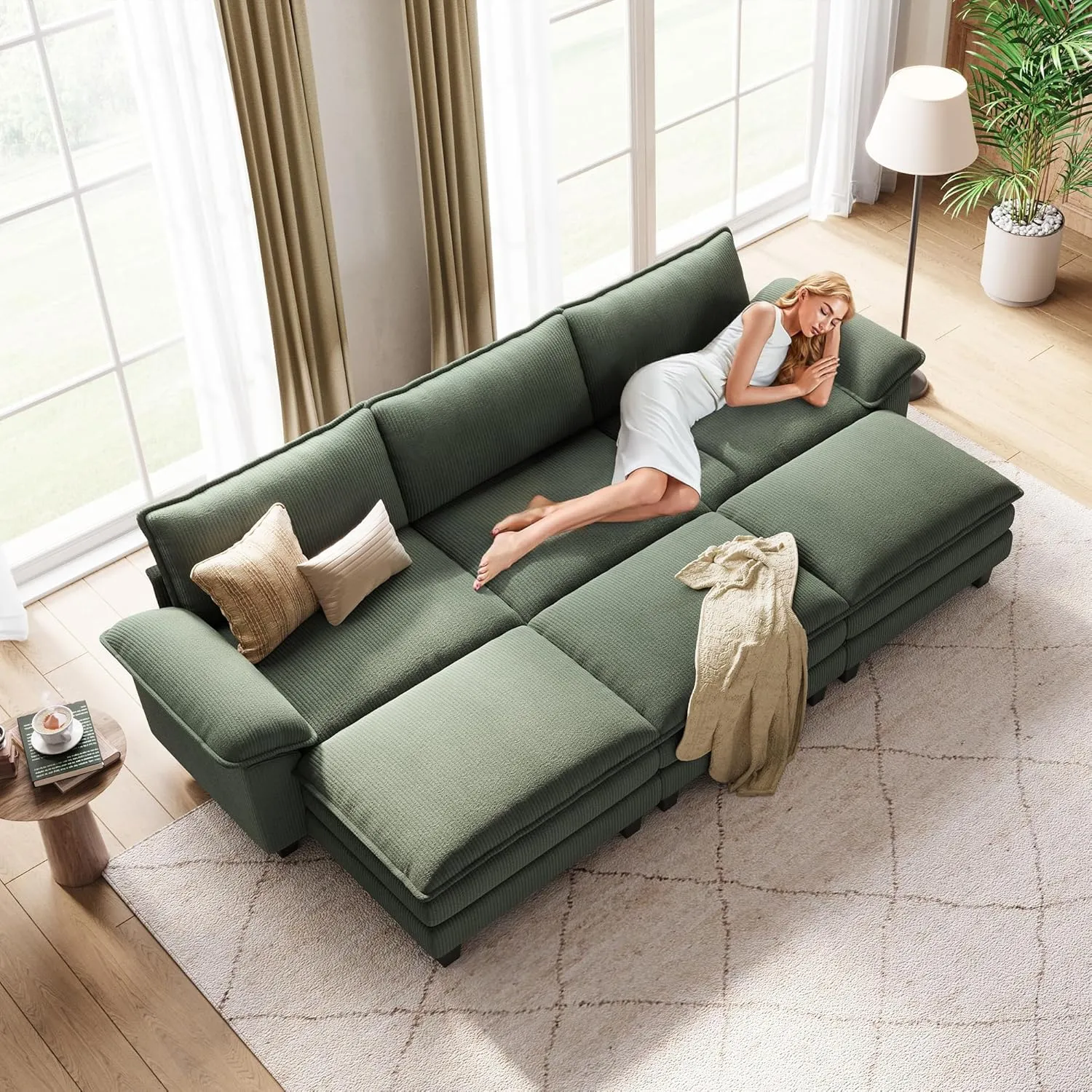 LINSY HOME Sectional Sleeper Sofa - 123'' Modular Cloud Couch Oversized Corduroy Sofa Bed with Movable Ottoman Soft Modern Comfy Couch for Living Room Apartment Office (Green, 3-Seat & 3-Ottoman)
