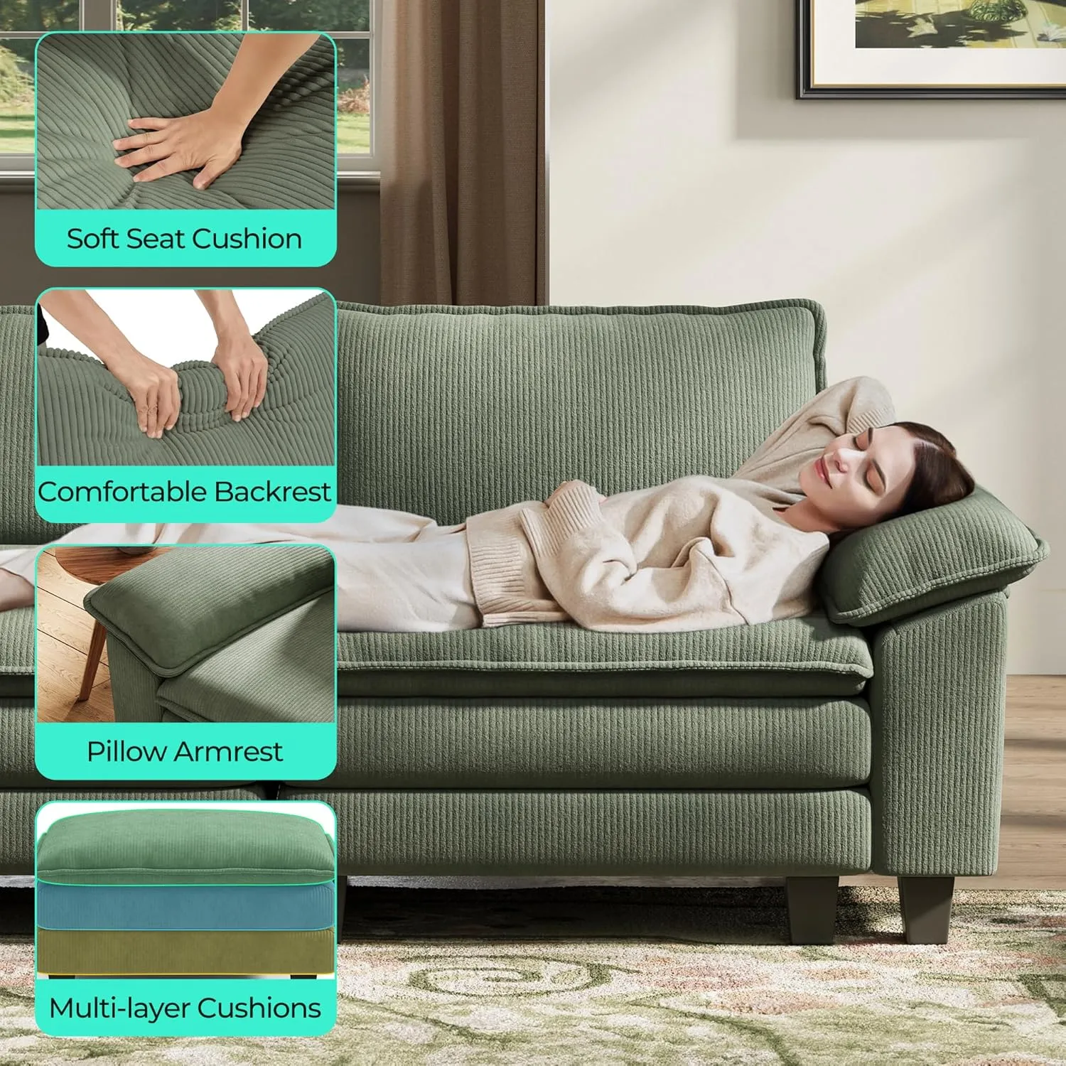LINSY HOME Sectional Sleeper Sofa - 123'' Modular Cloud Couch Oversized Corduroy Sofa Bed with Movable Ottoman Soft Modern Comfy Couch for Living Room Apartment Office (Green, 3-Seat & 3-Ottoman)