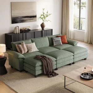 LINSY HOME Sectional Sleeper Sofa - 123'' Modular Cloud Couch Oversized Corduroy Sofa Bed with Movable Ottoman Soft Modern Comfy Couch for Living Room Apartment Office (Green, 3-Seat & 3-Ottoman)