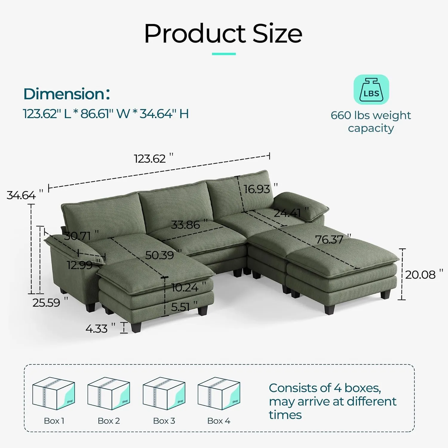 LINSY HOME Sectional Sleeper Sofa - 123'' Modular Cloud Couch Oversized Corduroy Sofa Bed with Movable Ottoman Soft Modern Comfy Couch for Living Room Apartment Office (Green, 3-Seat & 3-Ottoman)
