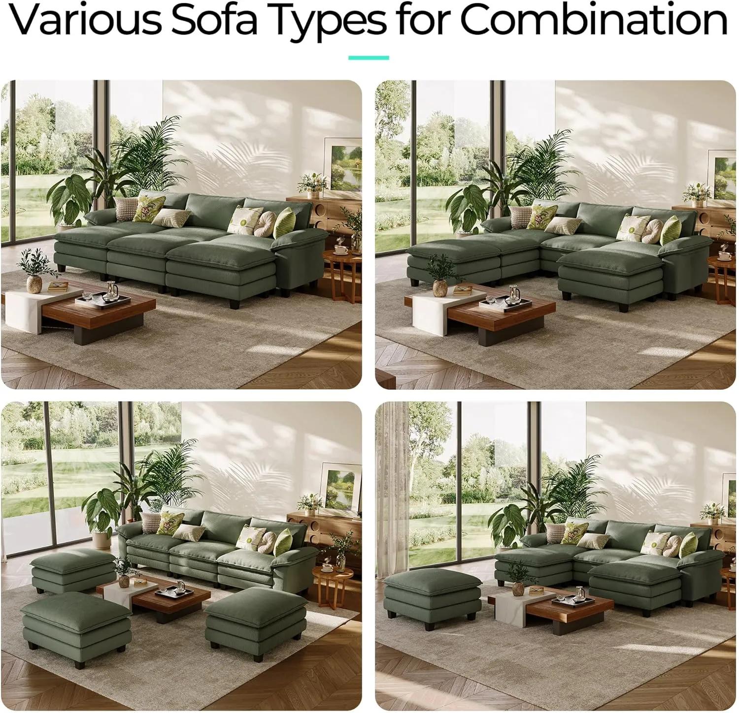 LINSY HOME Sectional Sleeper Sofa - 123'' Modular Cloud Couch Oversized Corduroy Sofa Bed with Movable Ottoman Soft Modern Comfy Couch for Living Room Apartment Office (Green, 3-Seat & 3-Ottoman)