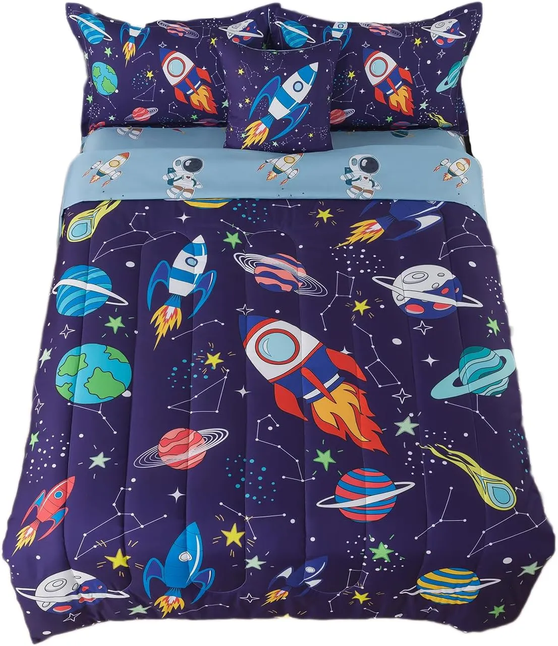 lishjekee 6 Pieces Outer Space Comforter Twin for Boys Kids Space Rocket Bedding Set Planet Bed in A Bag for Girls Universe Comforter and Sheets Set for Teens Spaceship Bed Sets Home Decor