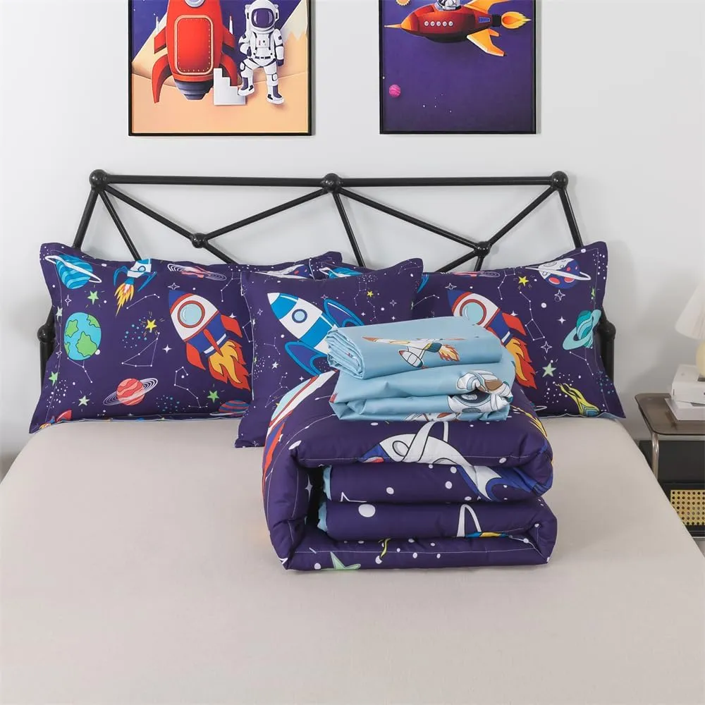 lishjekee 6 Pieces Outer Space Comforter Twin for Boys Kids Space Rocket Bedding Set Planet Bed in A Bag for Girls Universe Comforter and Sheets Set for Teens Spaceship Bed Sets Home Decor