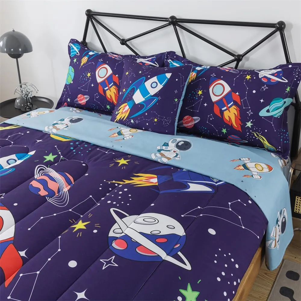lishjekee 6 Pieces Outer Space Comforter Twin for Boys Kids Space Rocket Bedding Set Planet Bed in A Bag for Girls Universe Comforter and Sheets Set for Teens Spaceship Bed Sets Home Decor