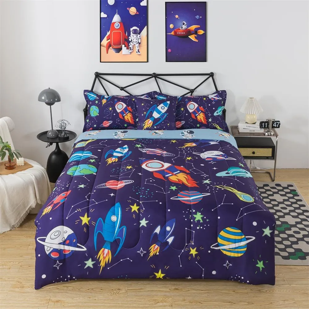 lishjekee 6 Pieces Outer Space Comforter Twin for Boys Kids Space Rocket Bedding Set Planet Bed in A Bag for Girls Universe Comforter and Sheets Set for Teens Spaceship Bed Sets Home Decor