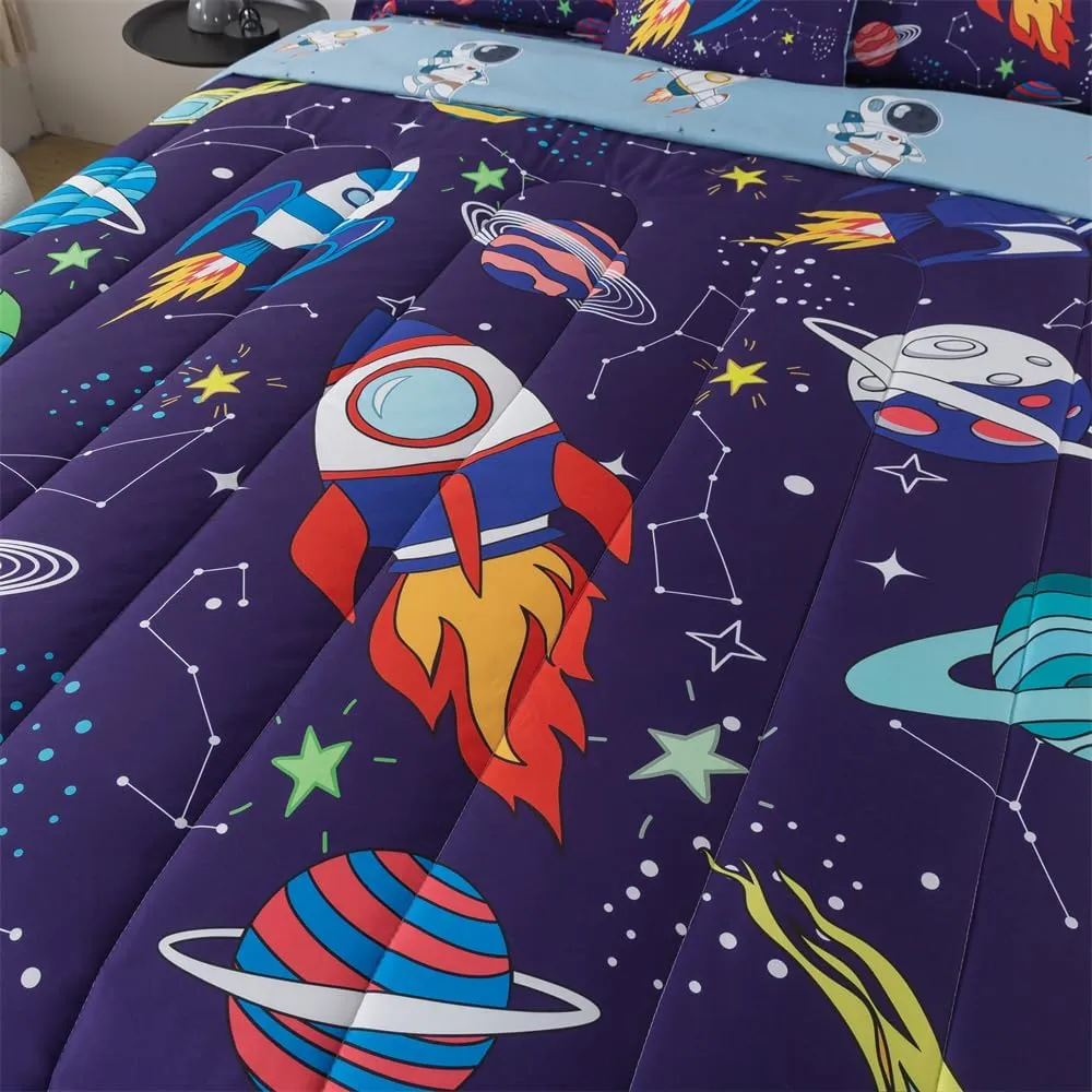 lishjekee 6 Pieces Outer Space Comforter Twin for Boys Kids Space Rocket Bedding Set Planet Bed in A Bag for Girls Universe Comforter and Sheets Set for Teens Spaceship Bed Sets Home Decor