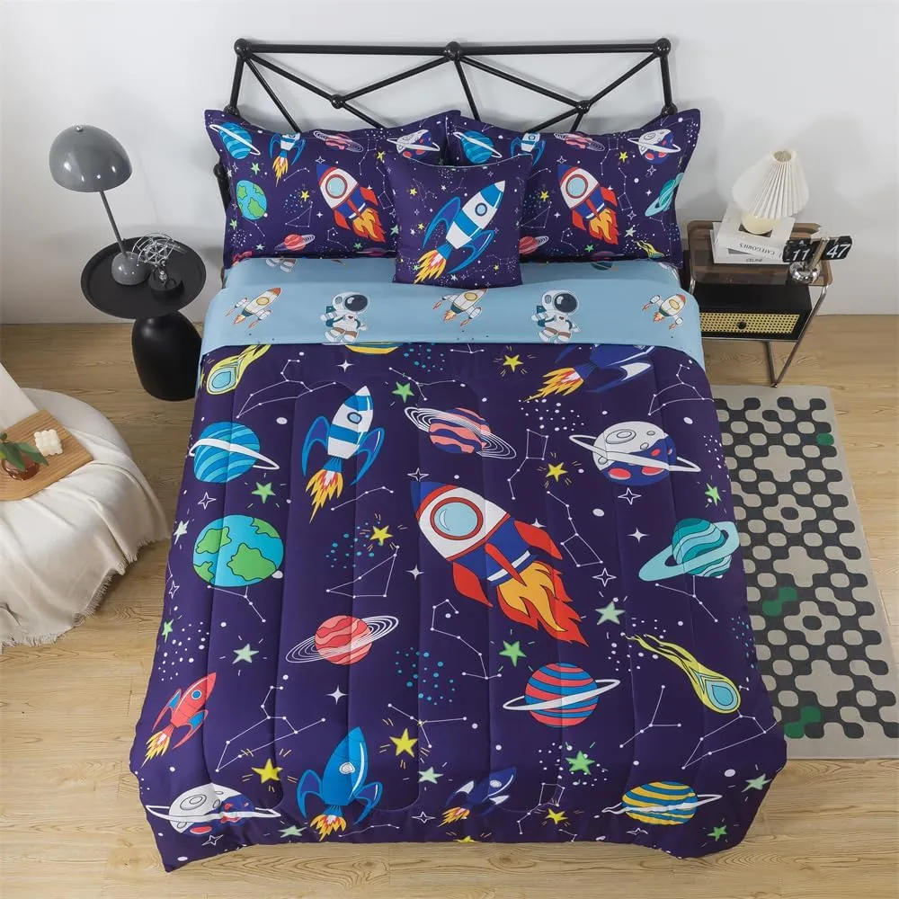 lishjekee 6 Pieces Outer Space Comforter Twin for Boys Kids Space Rocket Bedding Set Planet Bed in A Bag for Girls Universe Comforter and Sheets Set for Teens Spaceship Bed Sets Home Decor