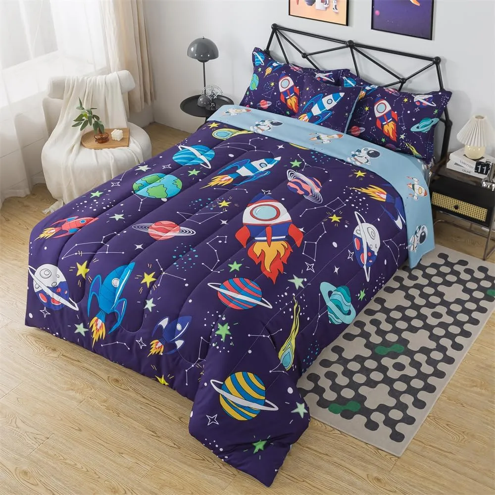 lishjekee 6 Pieces Outer Space Comforter Twin for Boys Kids Space Rocket Bedding Set Planet Bed in A Bag for Girls Universe Comforter and Sheets Set for Teens Spaceship Bed Sets Home Decor