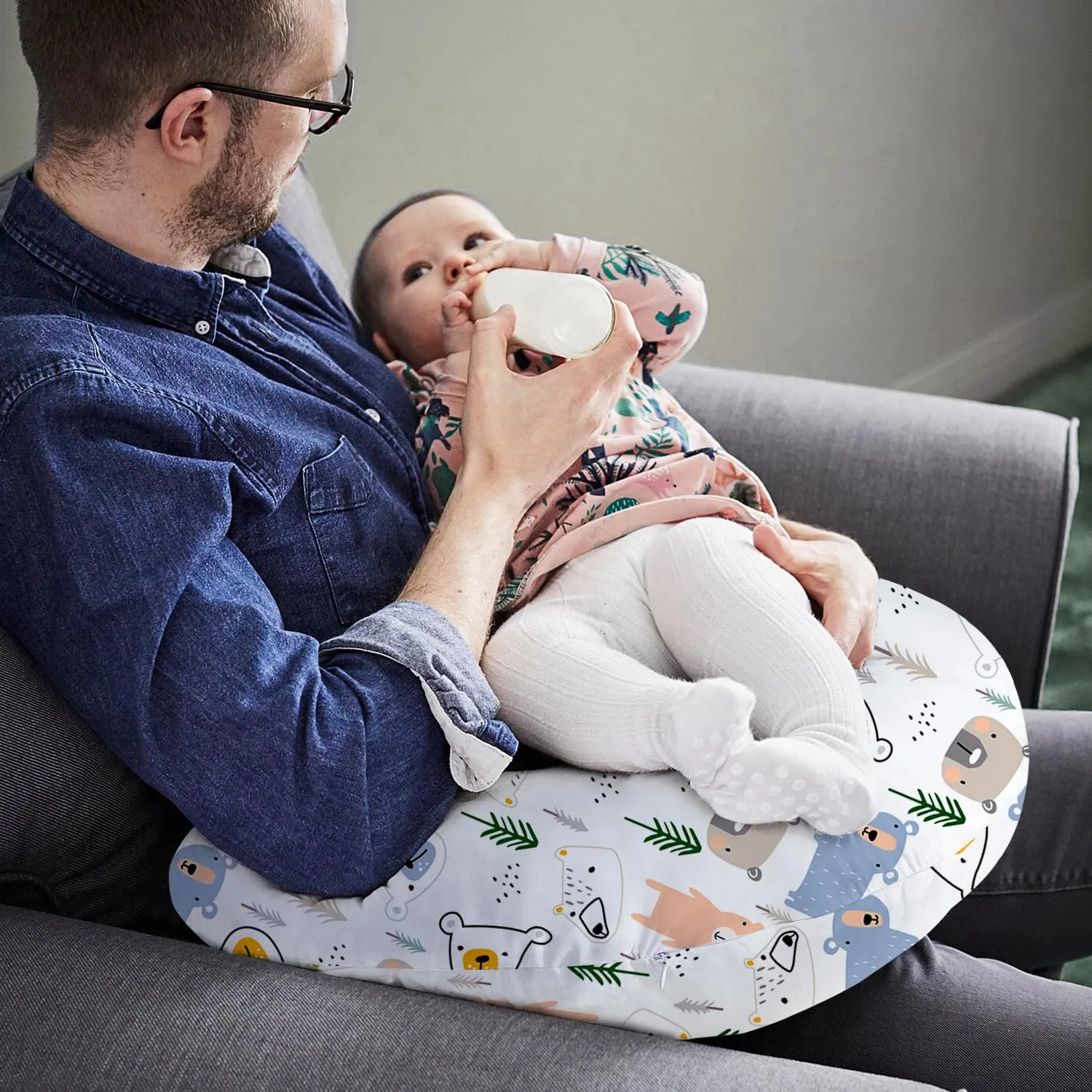 Little Grape Land Nursing Pillow for Infants, Breastfeeding Pillows, Baby Support Pillow for Nursing, Bottle Feeding, Tummy Time with Machine Washable Cover & Breathable Filling (Bear)