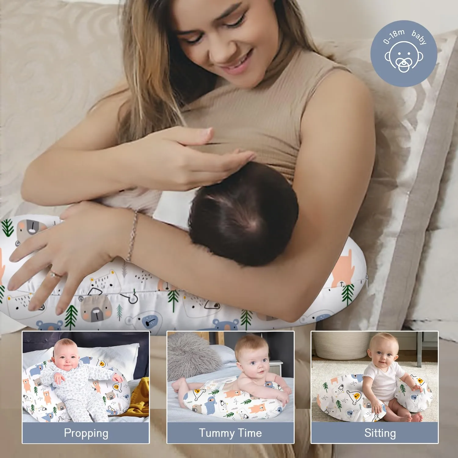 Little Grape Land Nursing Pillow for Infants, Breastfeeding Pillows, Baby Support Pillow for Nursing, Bottle Feeding, Tummy Time with Machine Washable Cover & Breathable Filling (Bear)