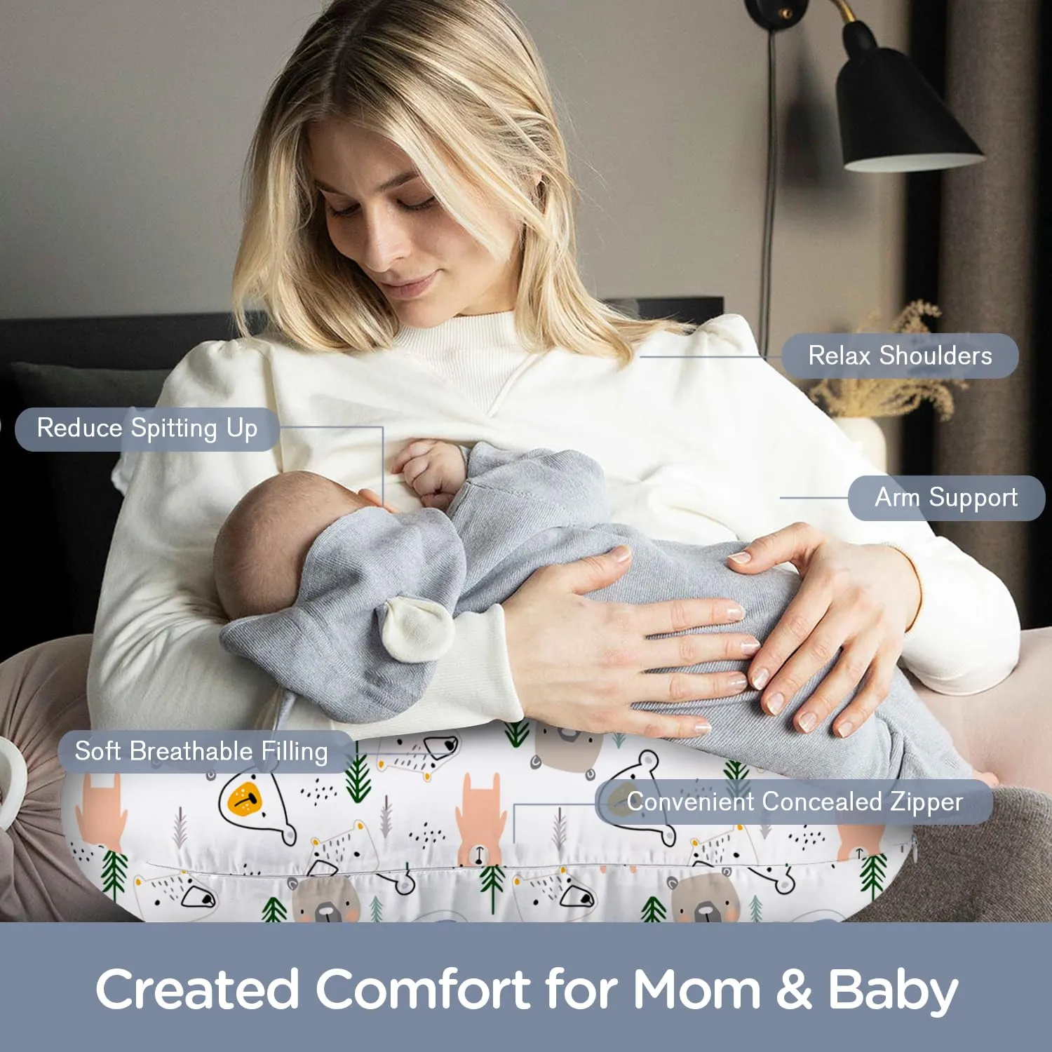 Little Grape Land Nursing Pillow for Infants, Breastfeeding Pillows, Baby Support Pillow for Nursing, Bottle Feeding, Tummy Time with Machine Washable Cover & Breathable Filling (Bear)