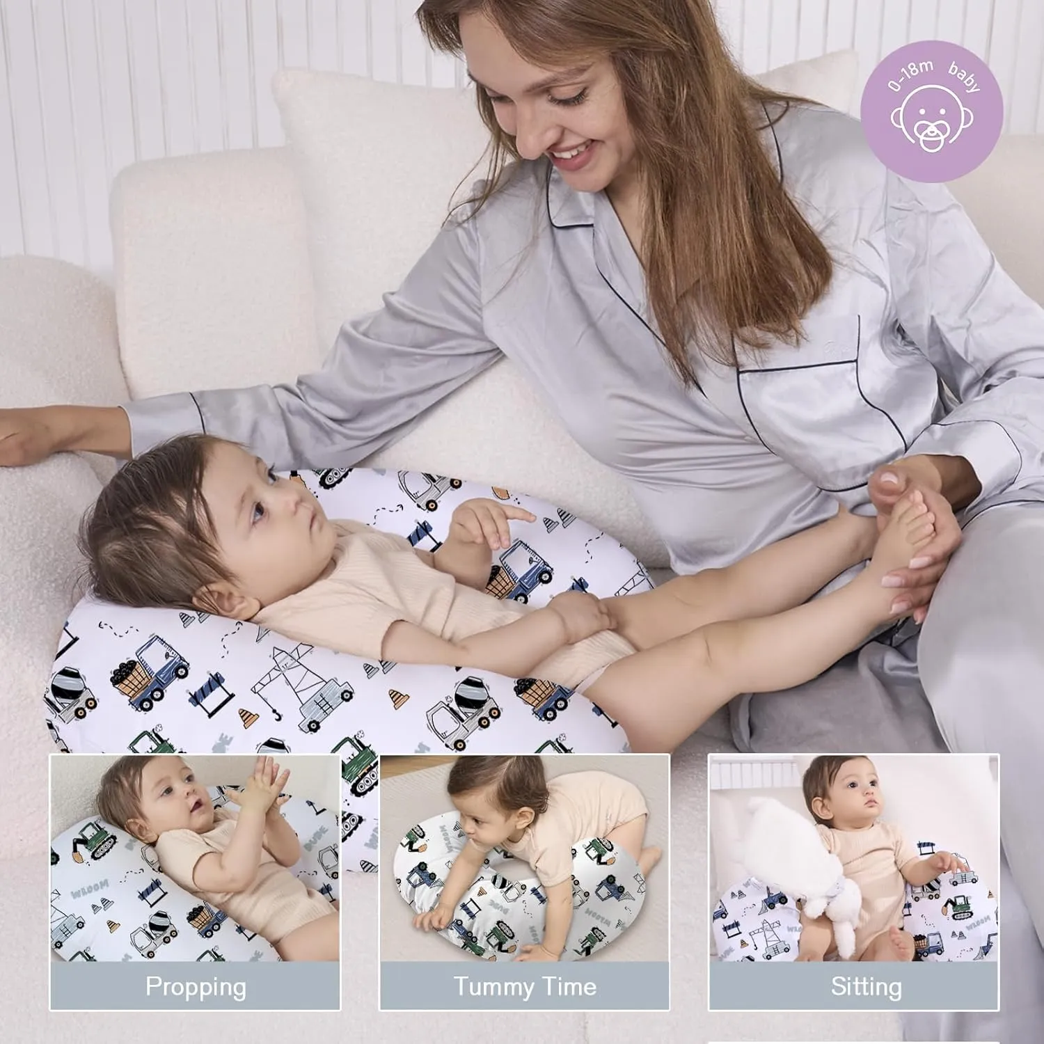 Little Grape Land Nursing Pillow for Infants, Breastfeeding Pillows, Baby Support Pillow for Nursing, Bottle Feeding, Tummy Time with Machine Washable Cover & Breathable Filling (Construction Truck)
