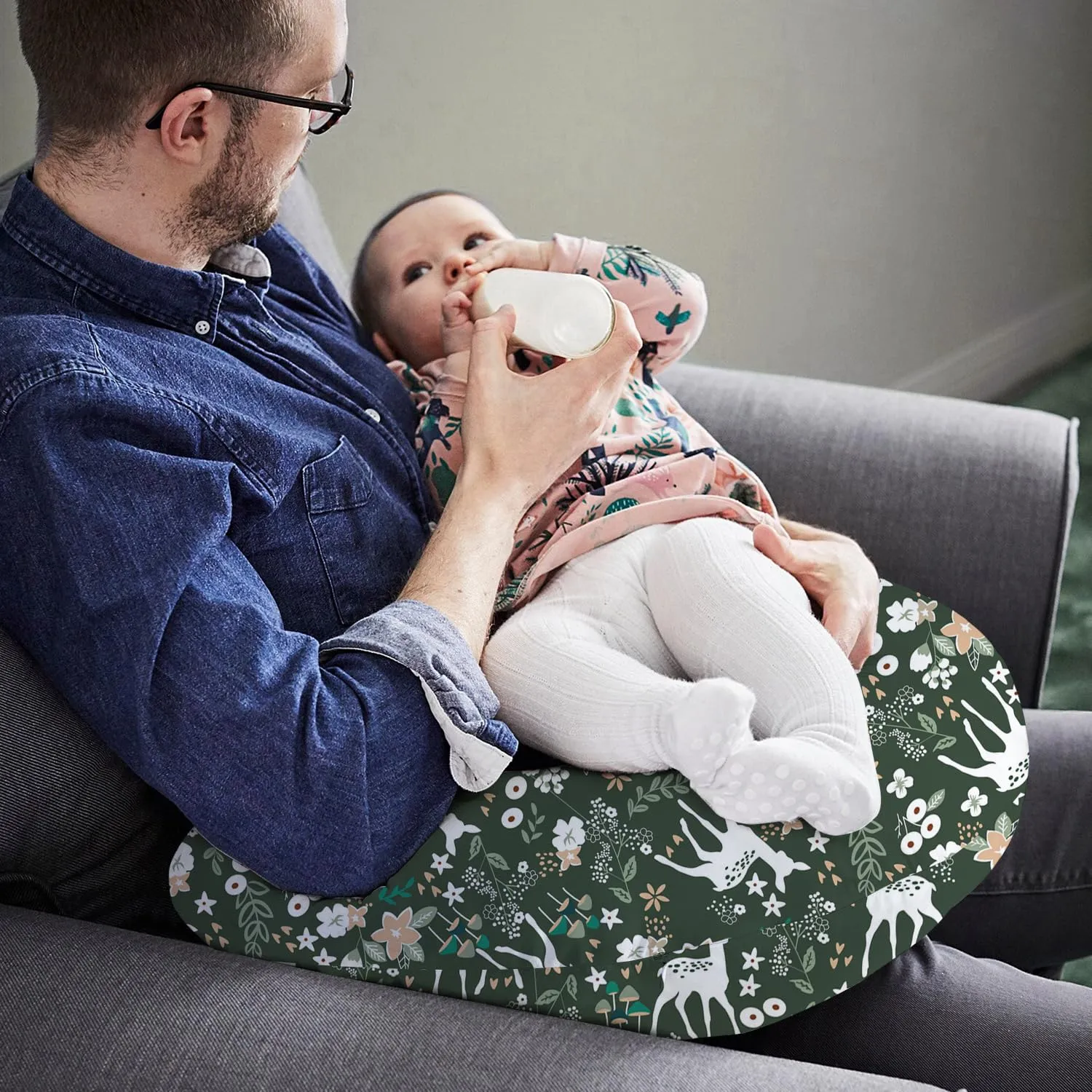Little Grape Land Nursing Pillow for Infants, Breastfeeding Pillows, Baby Support Pillow for Nursing, Bottle Feeding, Tummy Time with Machine Washable Cover & Breathable Filling (Forest Deer)
