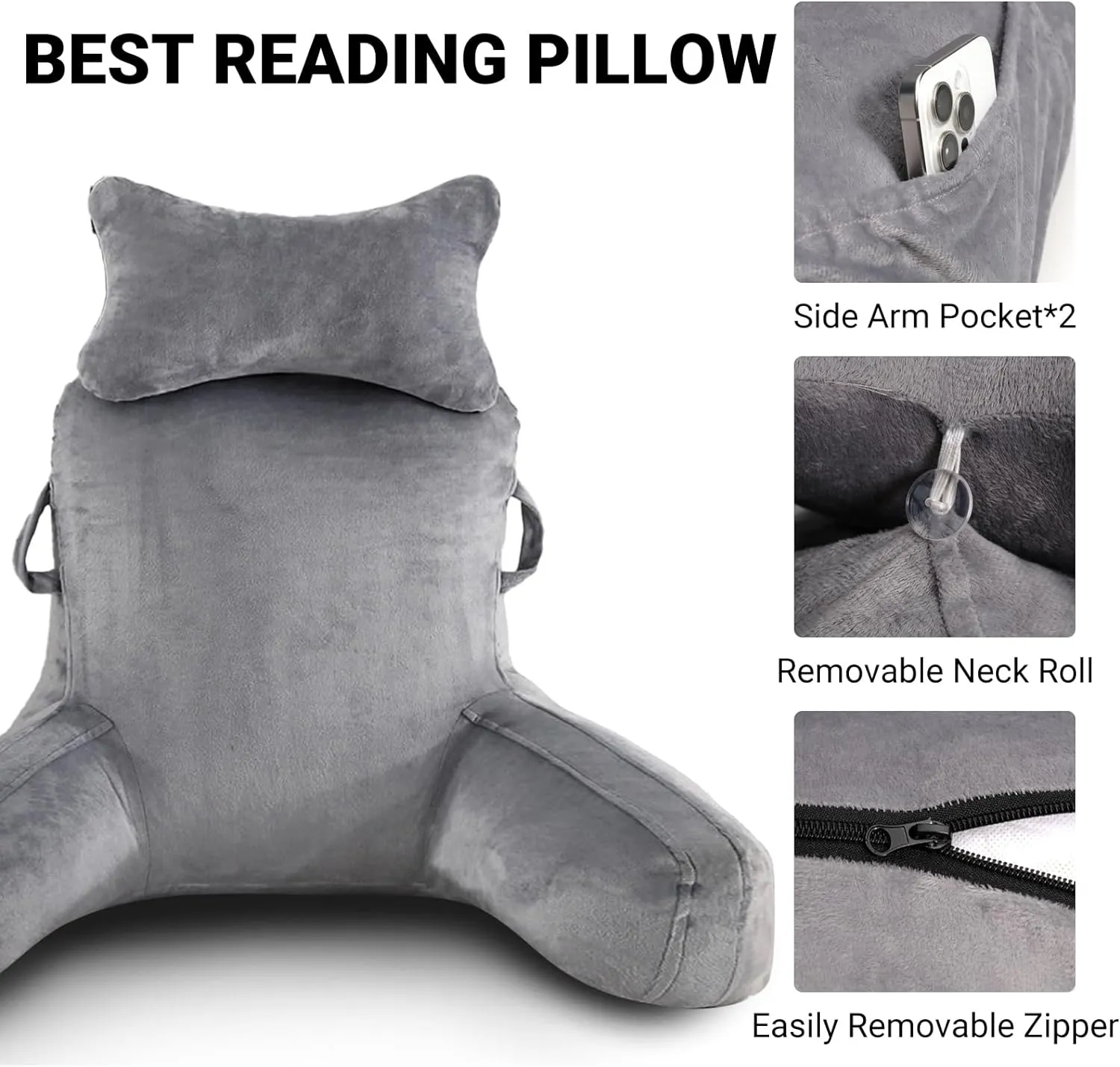 LIWEGHT Reading Pillow, Large Back Pillow for Sitting Up in Bed,Back Support Pillow with Shredded Memory Foam, Sit Up Pillow for Bed Chair with Arms, Pockets and Washable Cover