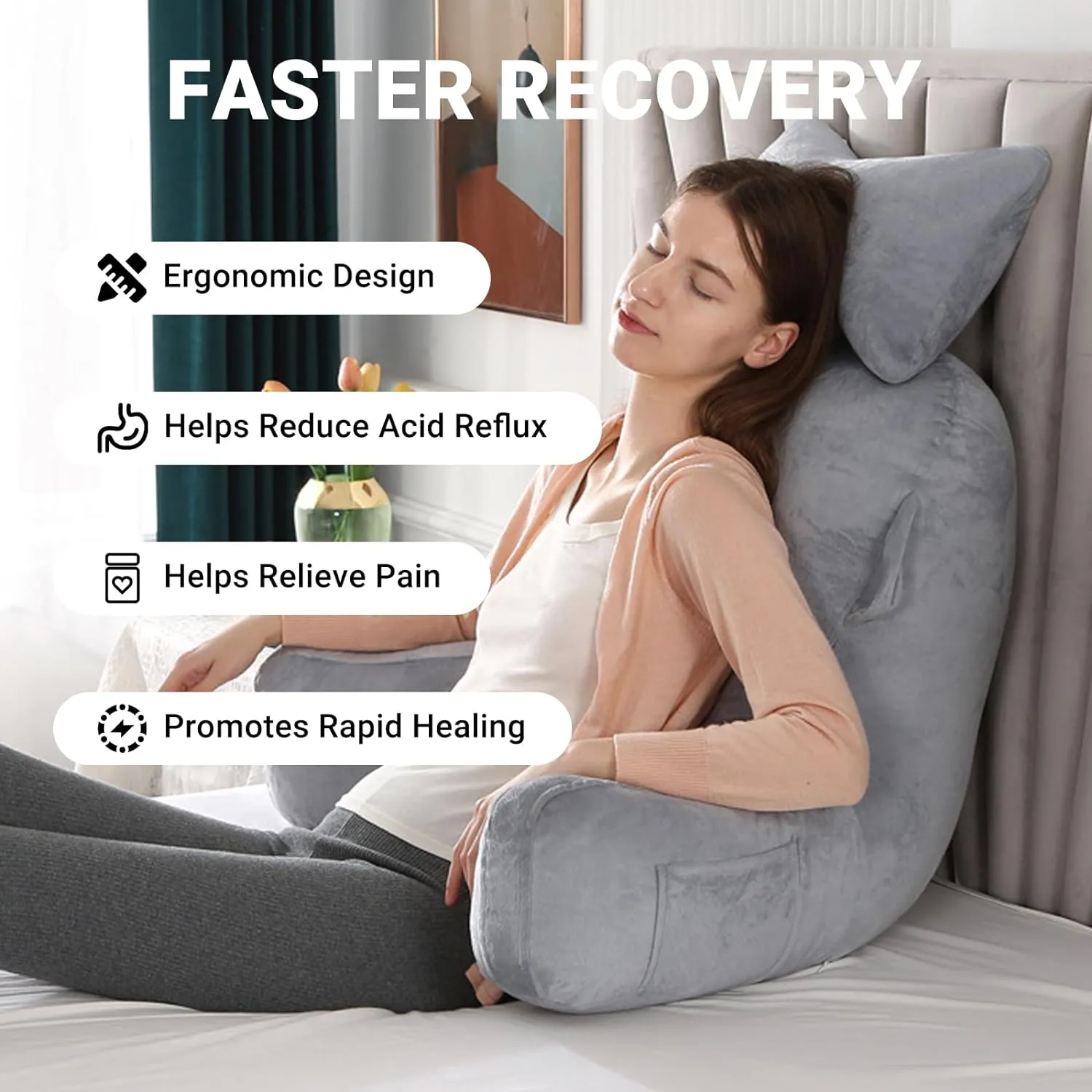 LIWEGHT Reading Pillow, Large Back Pillow for Sitting Up in Bed,Back Support Pillow with Shredded Memory Foam, Sit Up Pillow for Bed Chair with Arms, Pockets and Washable Cover
