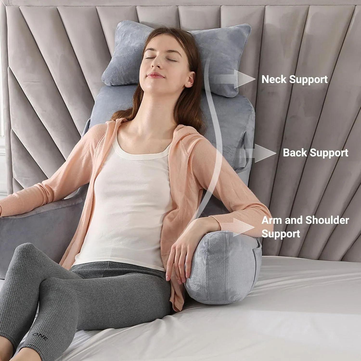LIWEGHT Reading Pillow, Large Back Pillow for Sitting Up in Bed,Back Support Pillow with Shredded Memory Foam, Sit Up Pillow for Bed Chair with Arms, Pockets and Washable Cover