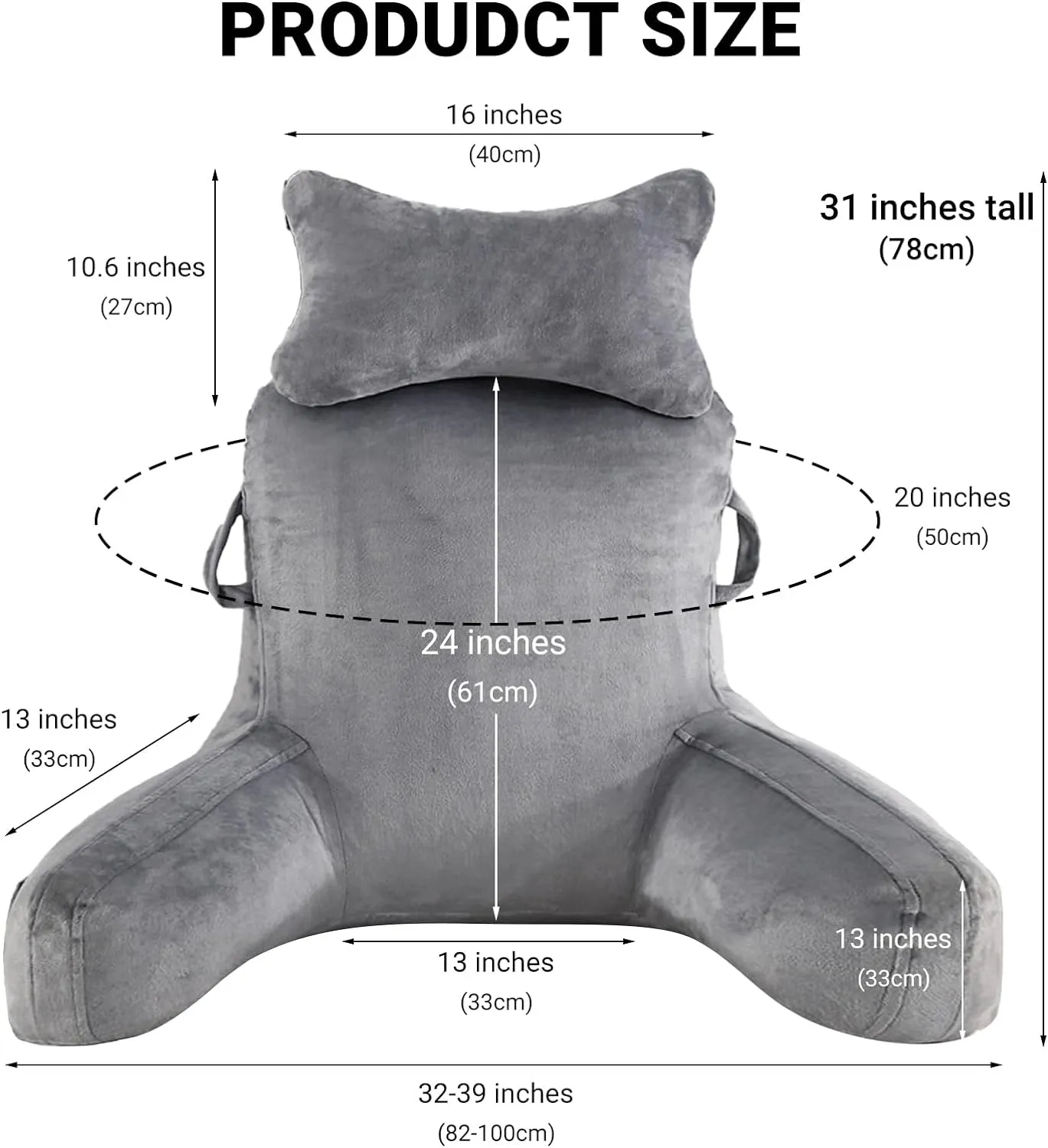 LIWEGHT Reading Pillow, Large Back Pillow for Sitting Up in Bed,Back Support Pillow with Shredded Memory Foam, Sit Up Pillow for Bed Chair with Arms, Pockets and Washable Cover