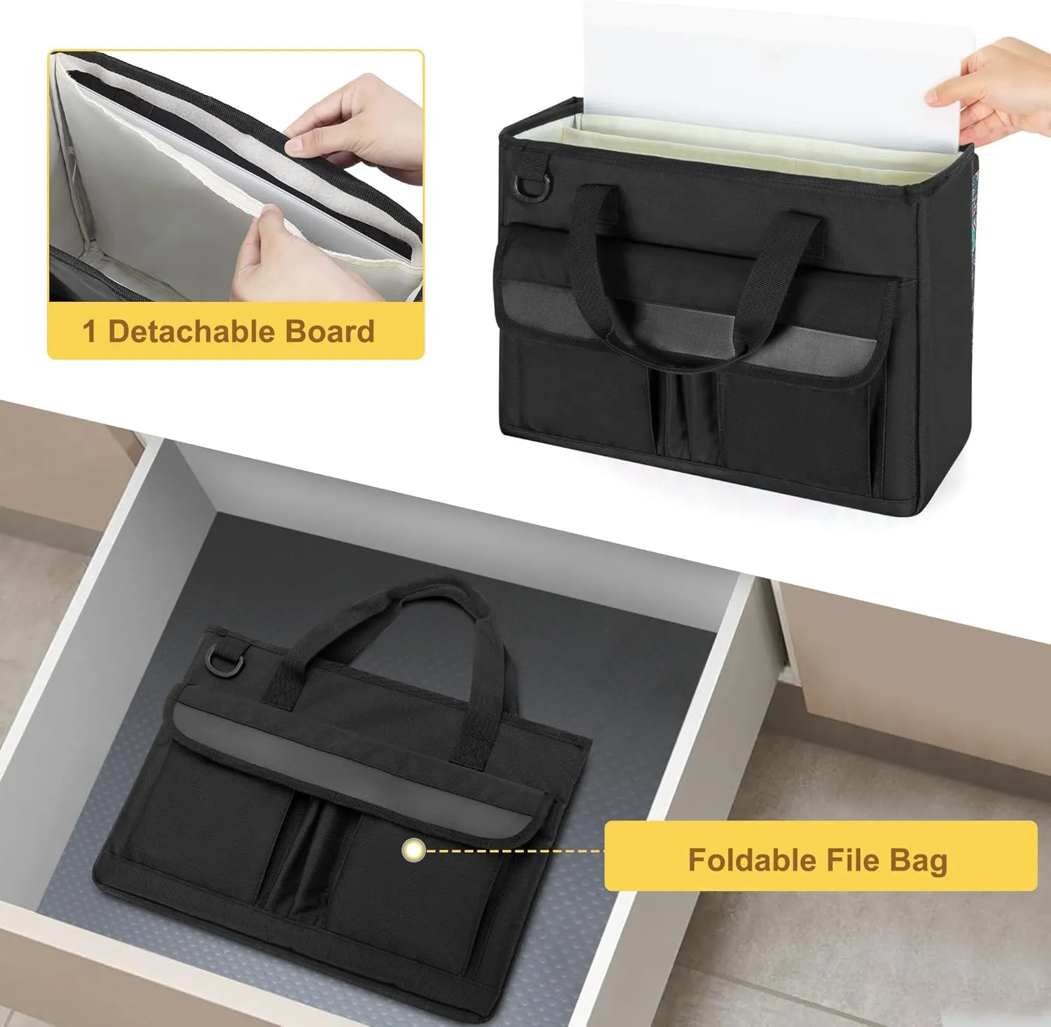 LoDrid Portable File Box with Handle, Foldable Bag for Legal Size File Folder, Separated Storage Laptop Layer (up to 15.6 Inch), Black, Bag Only(Patent Design)