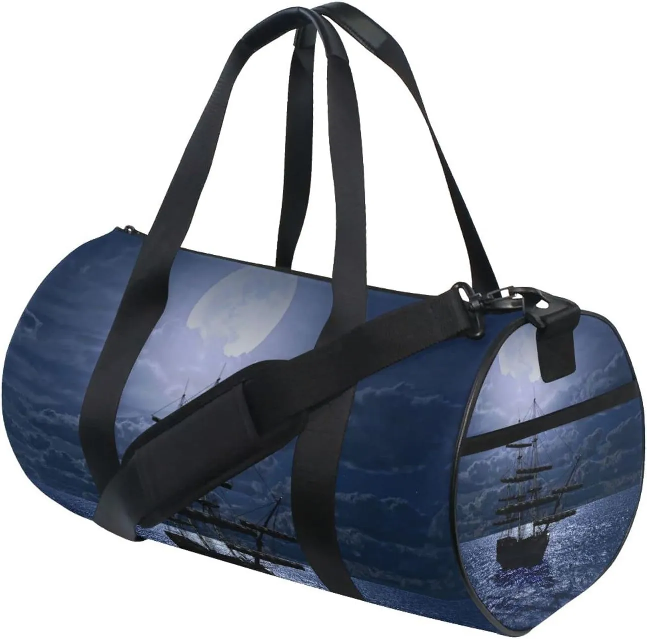 Lonely Sailboat in the Sea Against Full Moon Cloud Dark Blue Duffel Bag, Foldable Canvas Travel Tote for Gym Sports with Inner Pockets, Durable Lightweight Fitness Bag for Overnight Workout