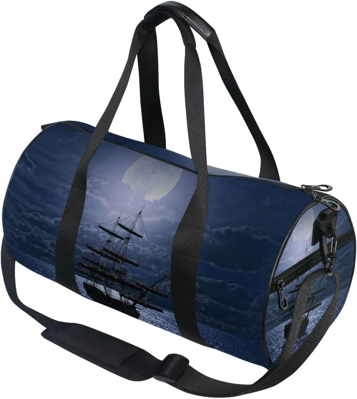 Lonely Sailboat in the Sea Against Full Moon Cloud Dark Blue Duffel Bag, Foldable Canvas Travel Tote for Gym Sports with Inner Pockets, Durable Lightweight Fitness Bag for Overnight Workout