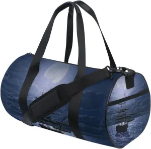Lonely Sailboat in the Sea Against Full Moon Cloud Dark Blue Duffel Bag, Foldable Canvas Travel Tote for Gym Sports with Inner Pockets, Durable Lightweight Fitness Bag for Overnight Workout