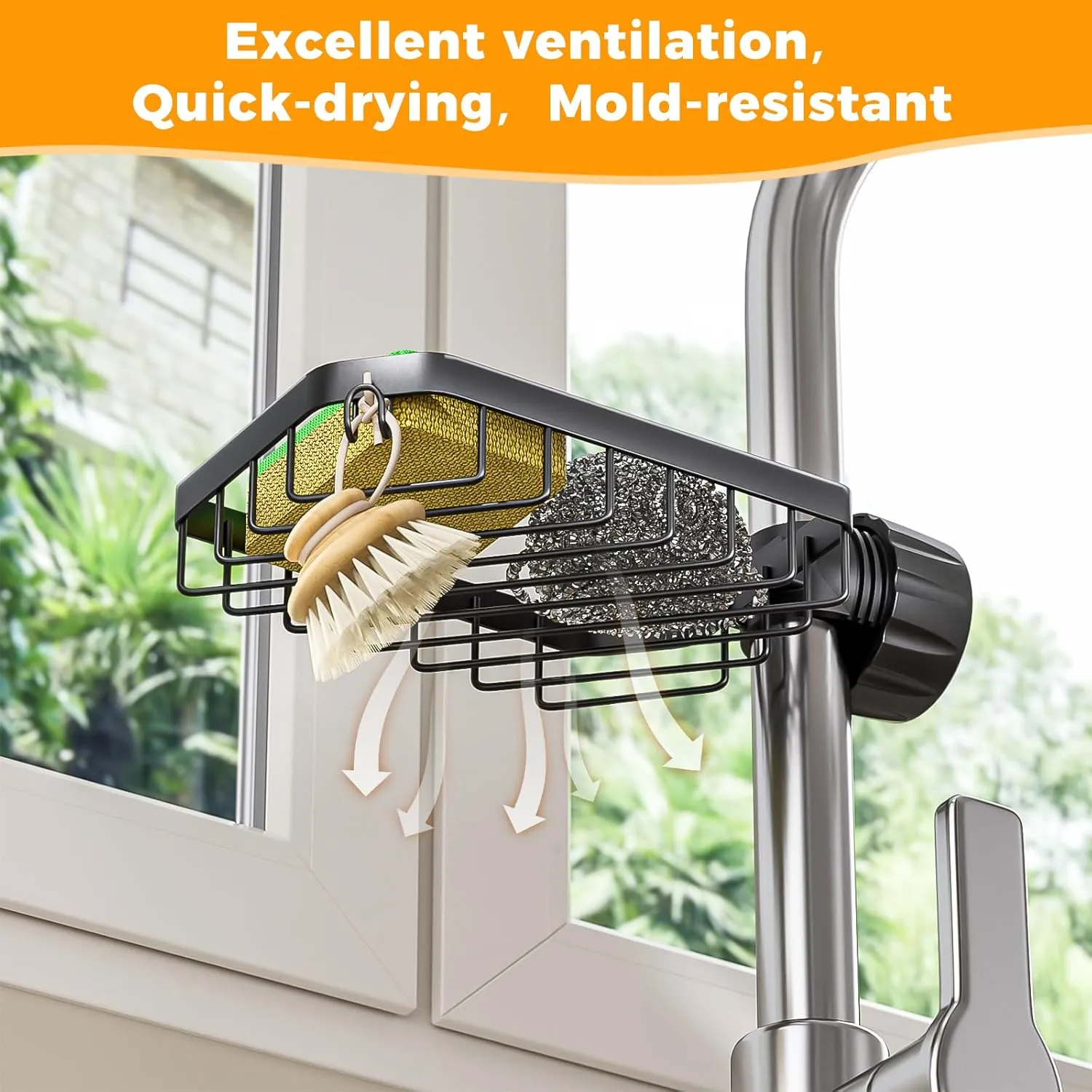 LONIN Sponge Holder Over Faucet Kitchen Sink Caddy Organizer, Stainless Steel Detachable Hanging Faucet Drain Rack for Bathroom, Scrubbers, Soap, (Black)