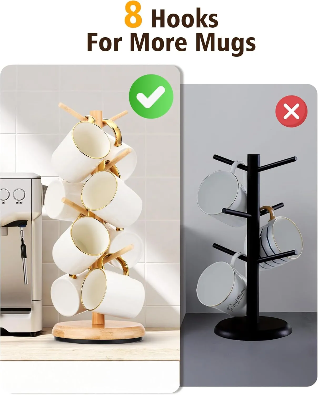 Lorbro Coffee Mug Tree, 360° Rotated Mug Holder with 8 Hooks, Wooden Coffee Cup Holder, Upgraded Mug Rack for Countertop, Coffee Mug Organizer Storage Stand, Coffee Bar Accessories & Kitchen Decor