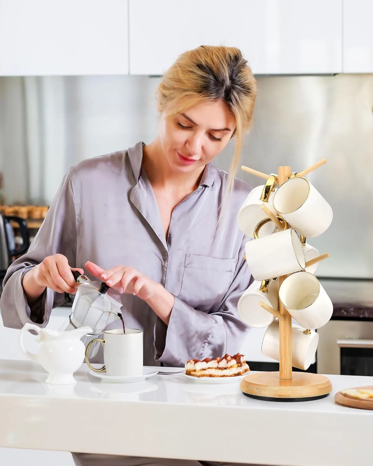 Lorbro Coffee Mug Tree, 360° Rotated Mug Holder with 8 Hooks, Wooden Coffee Cup Holder, Upgraded Mug Rack for Countertop, Coffee Mug Organizer Storage Stand, Coffee Bar Accessories & Kitchen Decor