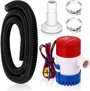 Lounsweer 5 Pcs Bilge Pump Plumbing Kit Including Electric 12v Boat Bilge Water Pump PVC 2 Hose Clamps ThruHull Fitting, 1-1/8-inch(1100gph,Black)
