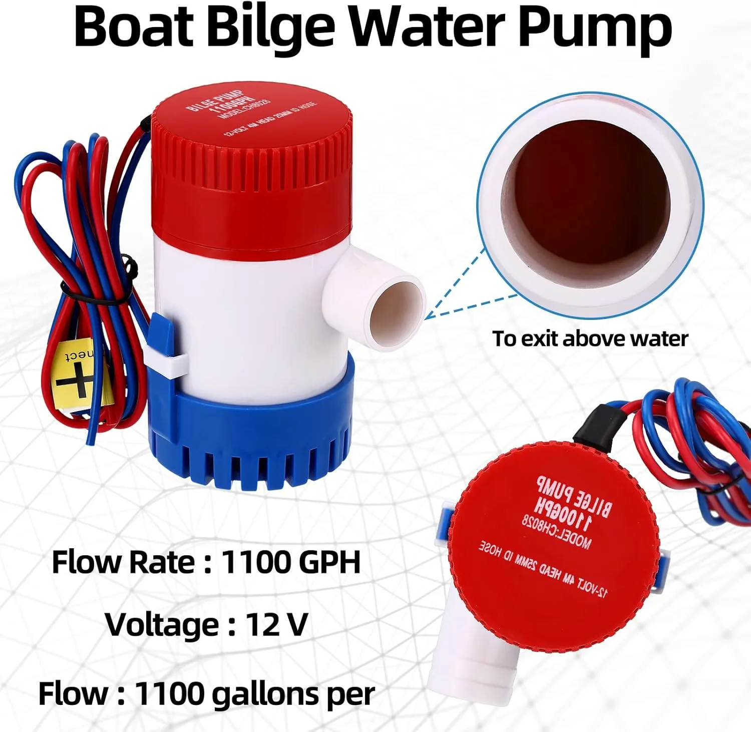 Lounsweer 5 Pcs Bilge Pump Plumbing Kit Including Electric 12v Boat Bilge Water Pump PVC 2 Hose Clamps ThruHull Fitting, 1-1/8-inch(1100gph,Black)