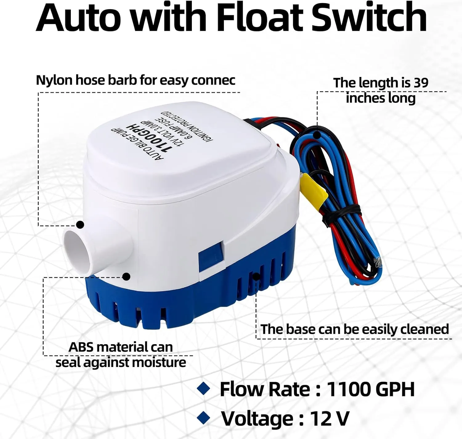 Lounsweer 5 Pcs Bilge Pump Plumbing Kit Including Electric 12v Boat Bilge Water Pump PVC Hose 2 Clamps Thru Hull Fitting, 1-1/8-inch