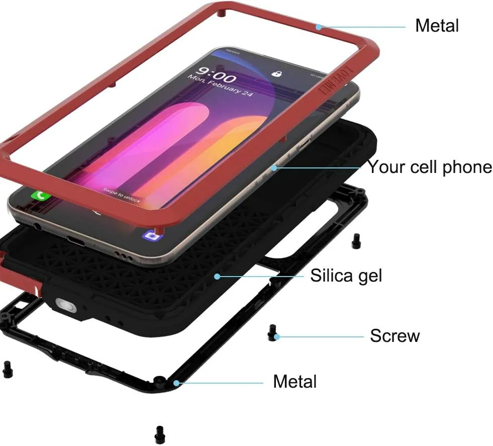 LOVE MEI for LG V60 ThinQ Case with Tempered Glass Screen Protector Shockproof Scratch Proof Hybrid Metal and Silicone Gel Heavy Duty Armor Defender Tough Back Cover for V60 ThinQ / V60 (Red)