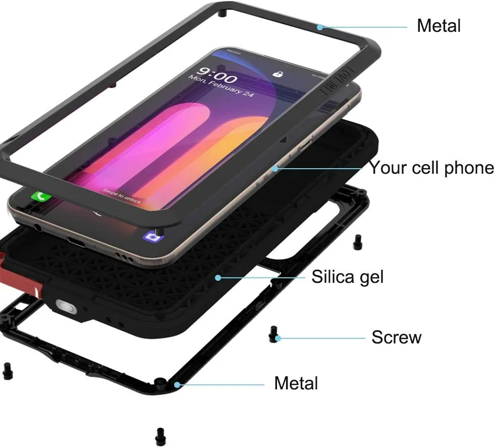 LOVE MEI LG V60 ThinQ Case with Tempered Glass Screen Protector Shockproof Scratch Proof Hybrid Metal and Silicone Gel Heavy Duty Armor Defender Tough Back Cover for V60 ThinQ / V60 (Black)
