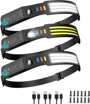 Lsnisni Headlamp Rechargeable 3 Pack, 230° Wide Beam Head Lamp LED, Head Flashlight with Motion Sensor, 5 Mode Head Lights for Forehead, Waterproof Headlamps for Adults Hiking Camping Gear