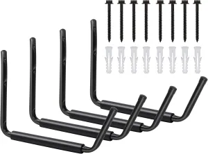 LUGO Heavy Duty Steel Storage Hooks, Wall Mounted Rack for Hanging 50 LB Canoe, Kayak, Surfboard, Snowboard, Ladders, Bikes, Garage Home Utility Hanging Storage (Black, 4)