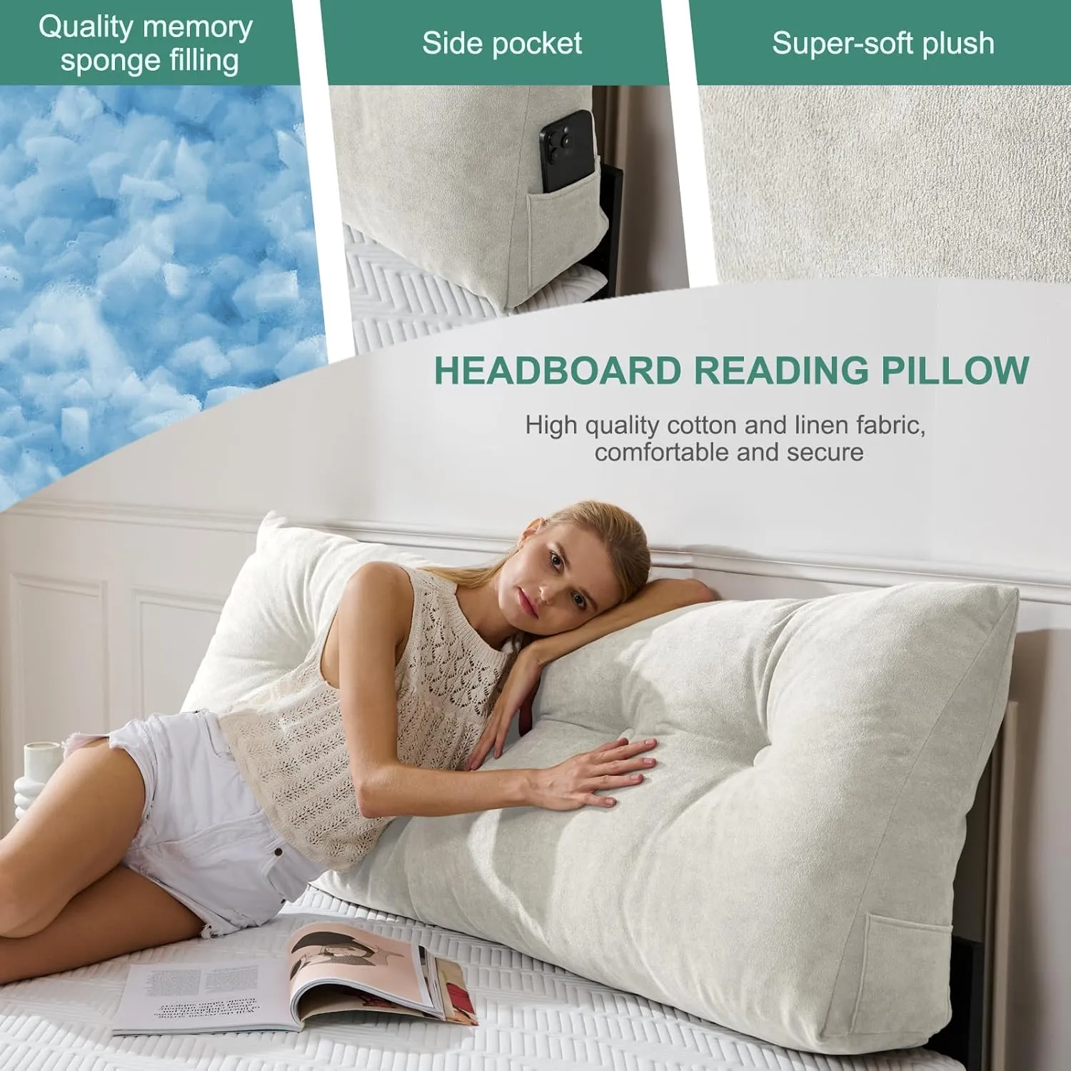 Lukace Premium Wedge Pillow Headboard with Removable Cover - Triangular Reading Support Backrest for Bed with Side Pockets, Perfect for Reading & TV (Beige Twin Size, 39x8x20 Inches)