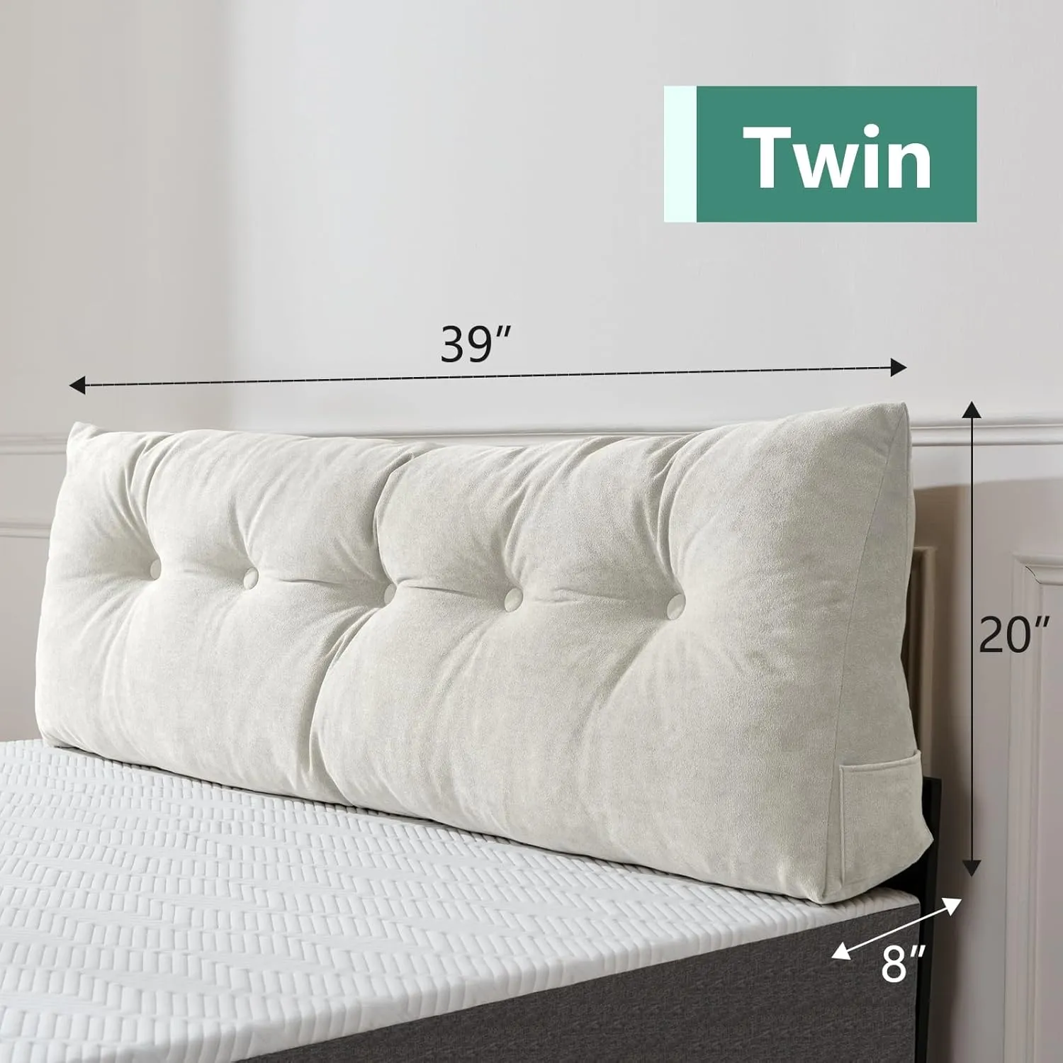 Lukace Premium Wedge Pillow Headboard with Removable Cover - Triangular Reading Support Backrest for Bed with Side Pockets, Perfect for Reading & TV (Beige Twin Size, 39x8x20 Inches)