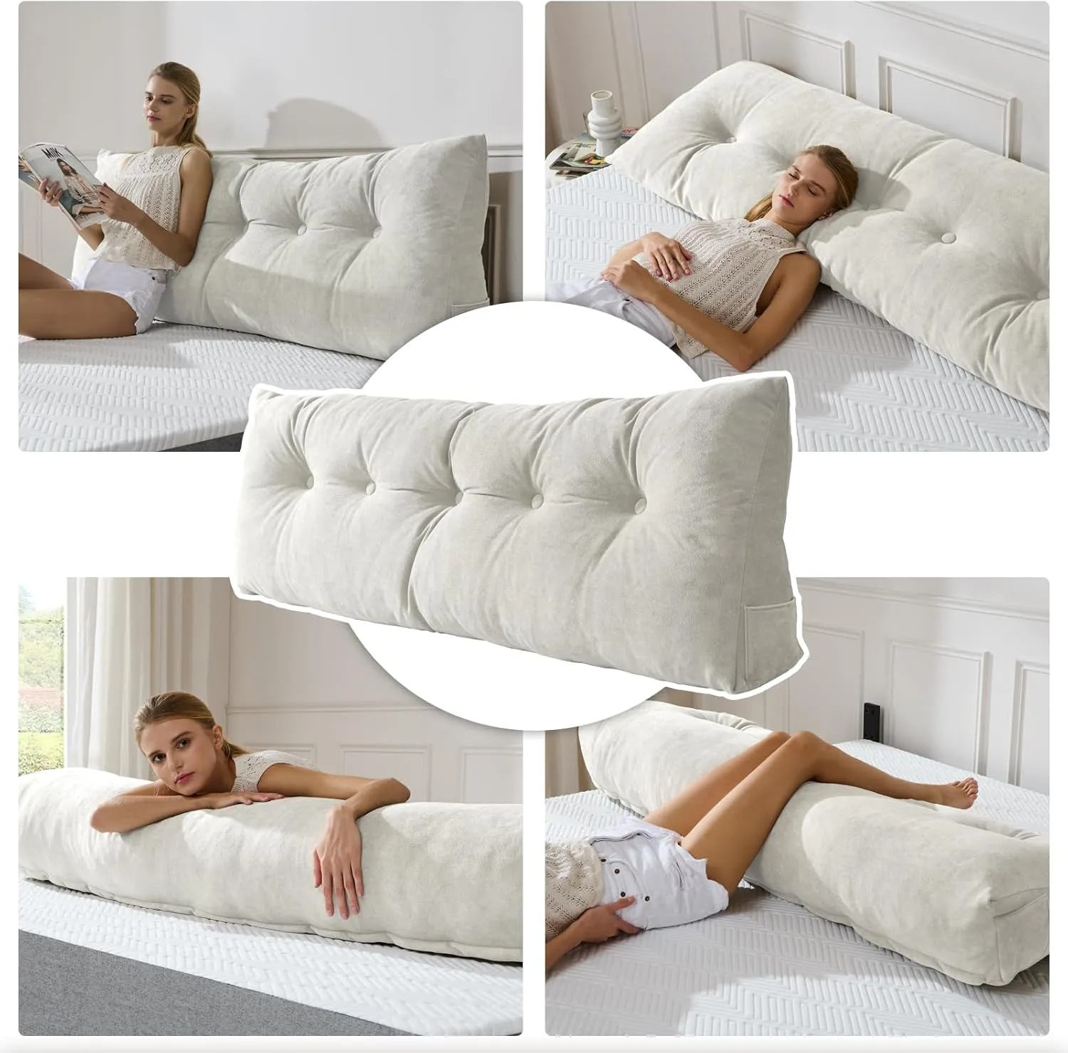 Lukace Premium Wedge Pillow Headboard with Removable Cover - Triangular Reading Support Backrest for Bed with Side Pockets, Perfect for Reading & TV (Beige Twin Size, 39x8x20 Inches)