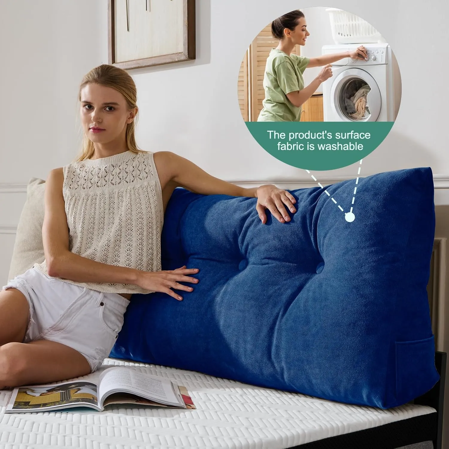 Lukace Premium Wedge Pillow Headboard with Removable Cover - Triangular Reading Support Backrest for Bed with Side Pockets, Perfect for Reading & TV (Deep Blue Twin Size, 39x8x20 Inches)