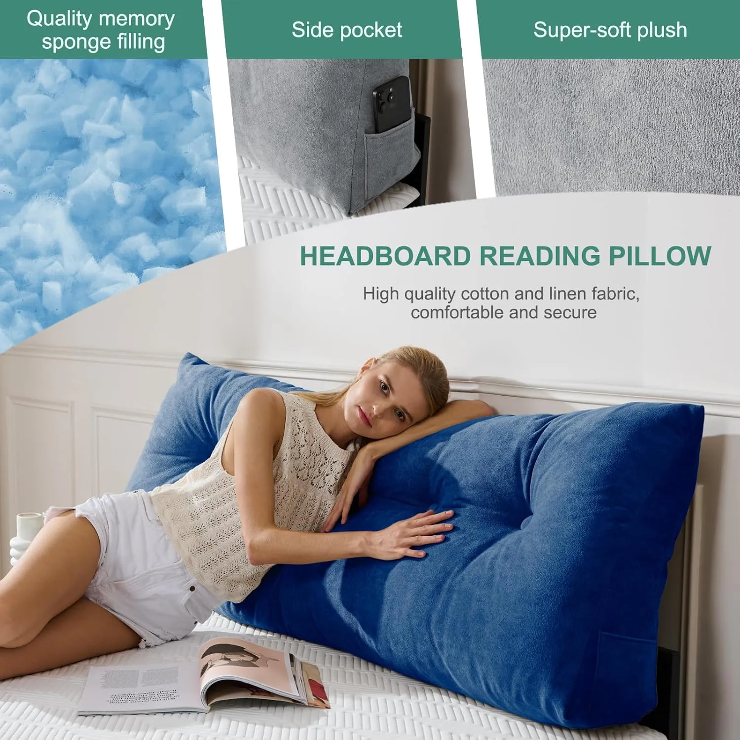 Lukace Premium Wedge Pillow Headboard with Removable Cover - Triangular Reading Support Backrest for Bed with Side Pockets, Perfect for Reading & TV (Deep Blue Twin Size, 39x8x20 Inches)
