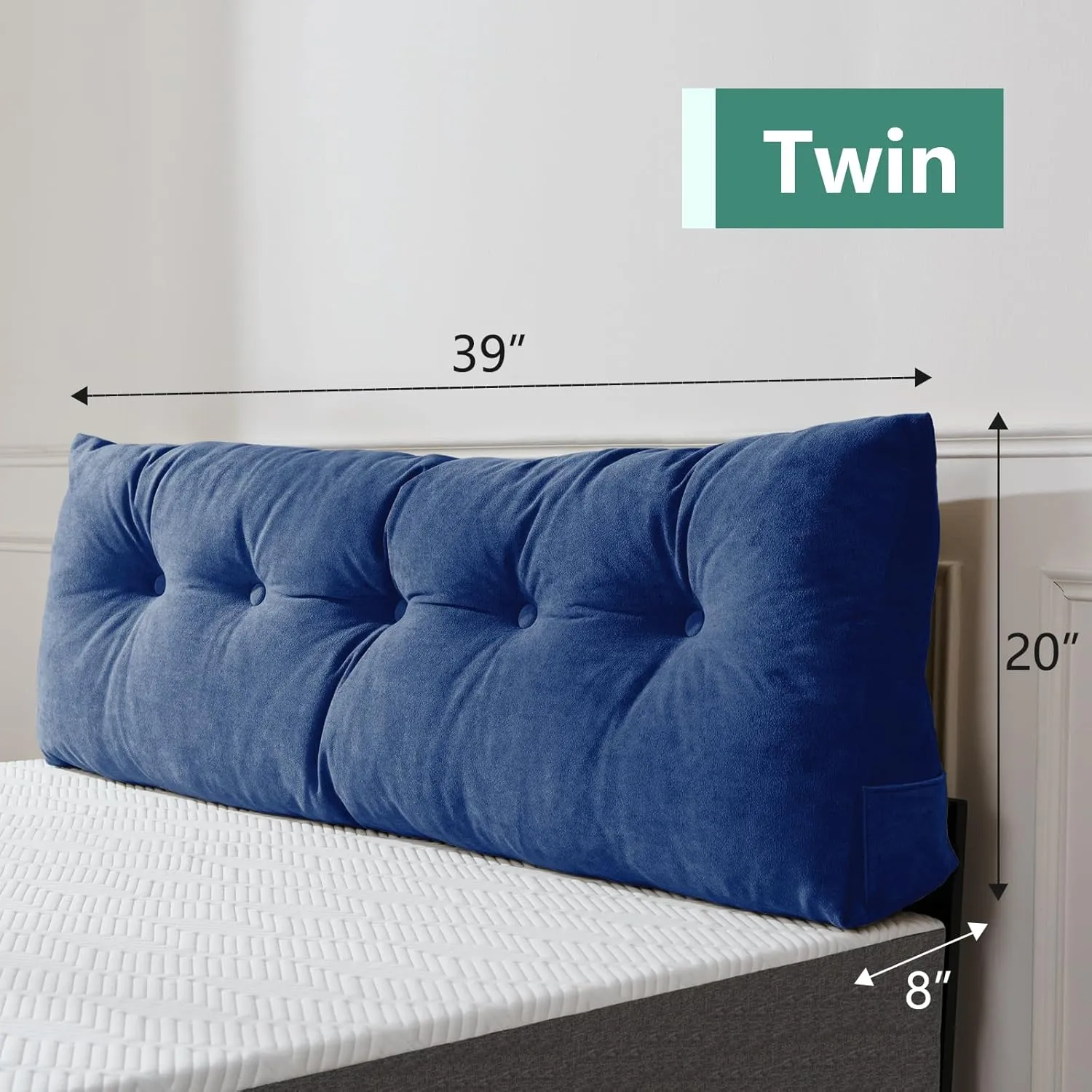 Lukace Premium Wedge Pillow Headboard with Removable Cover - Triangular Reading Support Backrest for Bed with Side Pockets, Perfect for Reading & TV (Deep Blue Twin Size, 39x8x20 Inches)