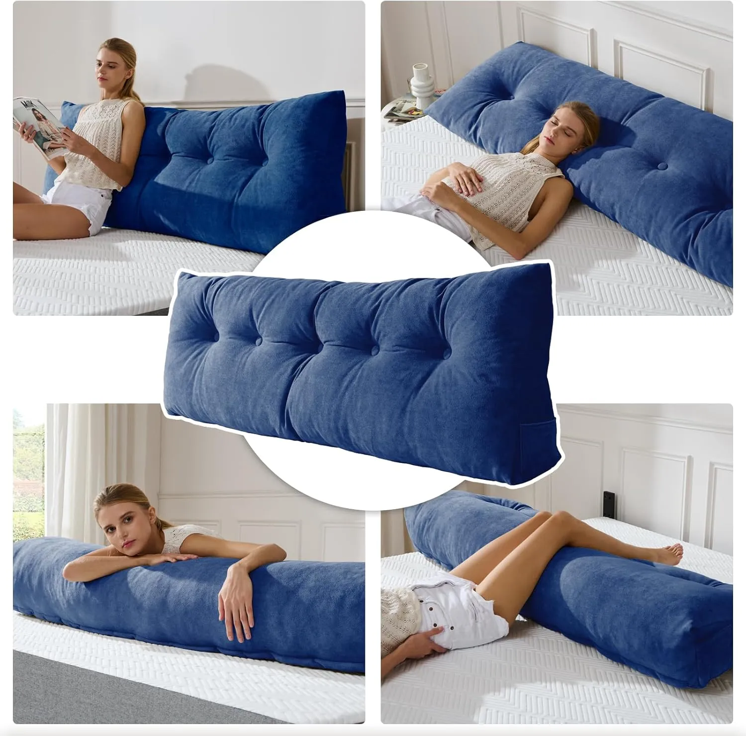 Lukace Premium Wedge Pillow Headboard with Removable Cover - Triangular Reading Support Backrest for Bed with Side Pockets, Perfect for Reading & TV (Deep Blue Twin Size, 39x8x20 Inches)