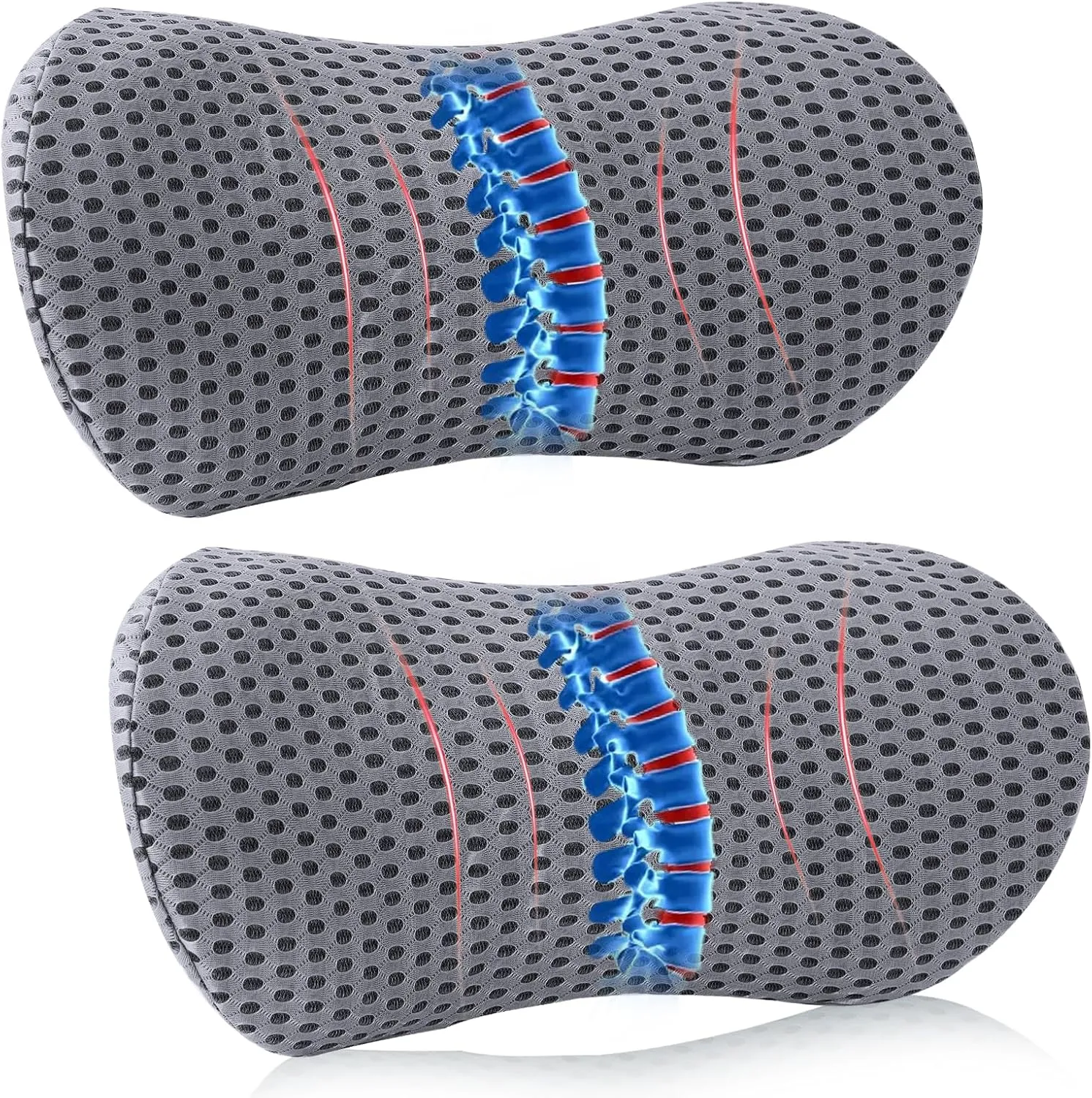 Lumbar Pillow, 2 Pack Memory Foam Lumbar Support Pillow for Office Chair and Car Seat, Ergonomic Streamline Back Pillow for Lower Back Pain Relief, Back Support Pillow for Sitting, Driving, Traveling